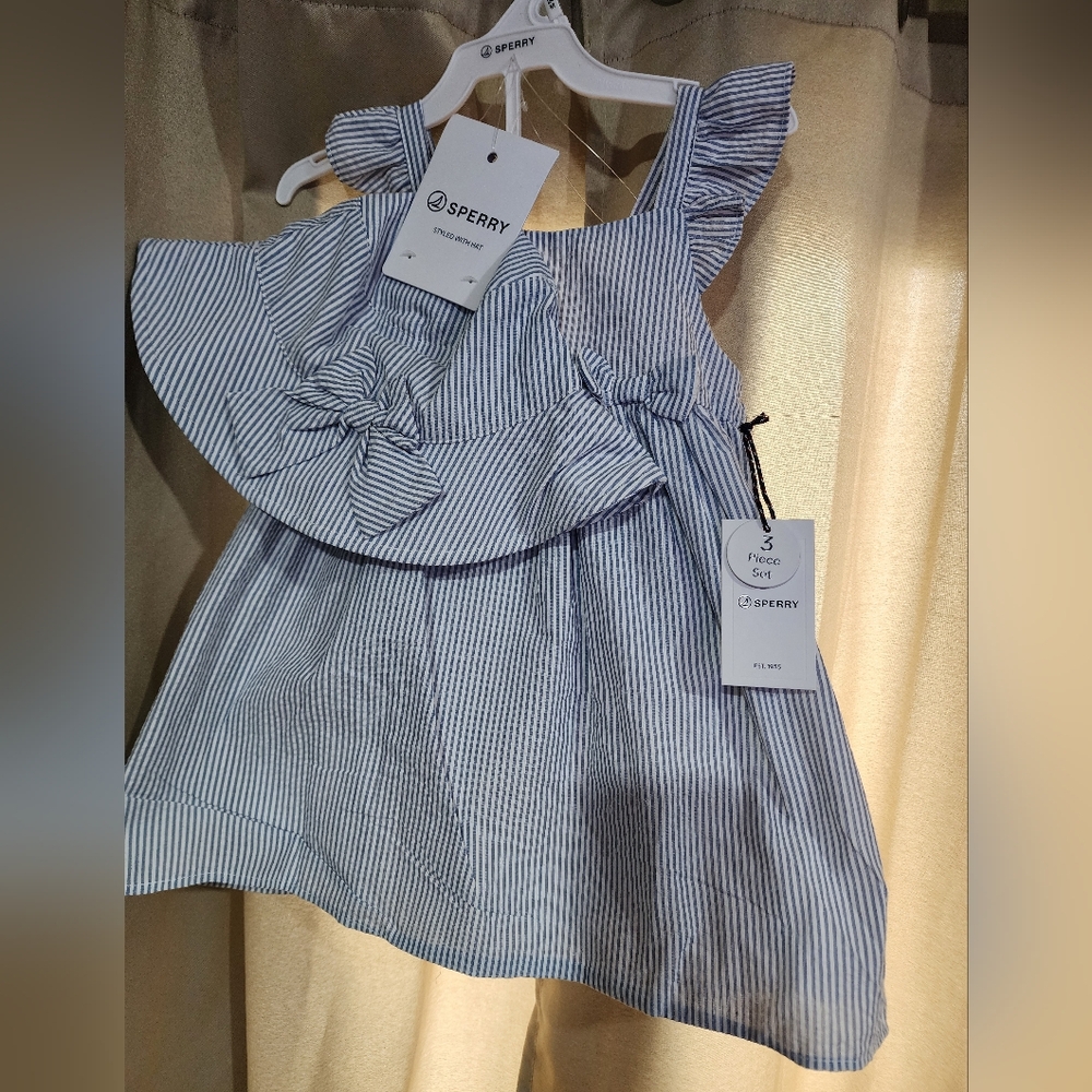New Sperry Navy and White Striped Ruffle Baby Dress with Bow 24M